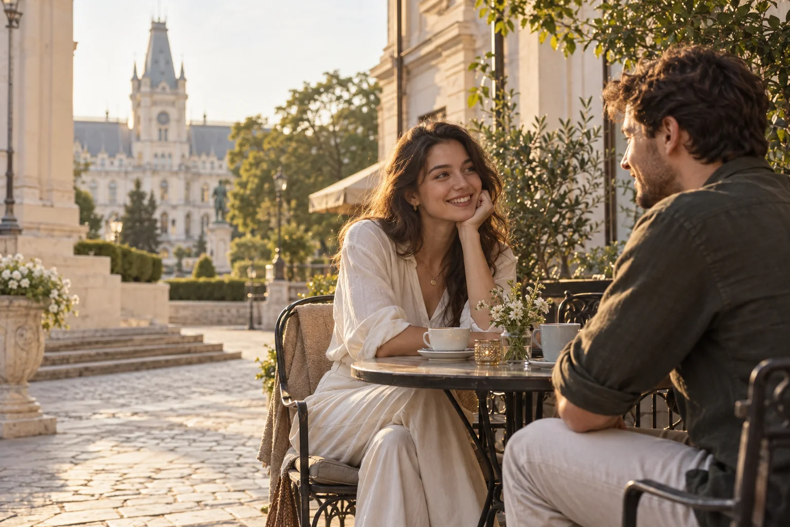 Two adults talking in a public café courtyard in Iași.