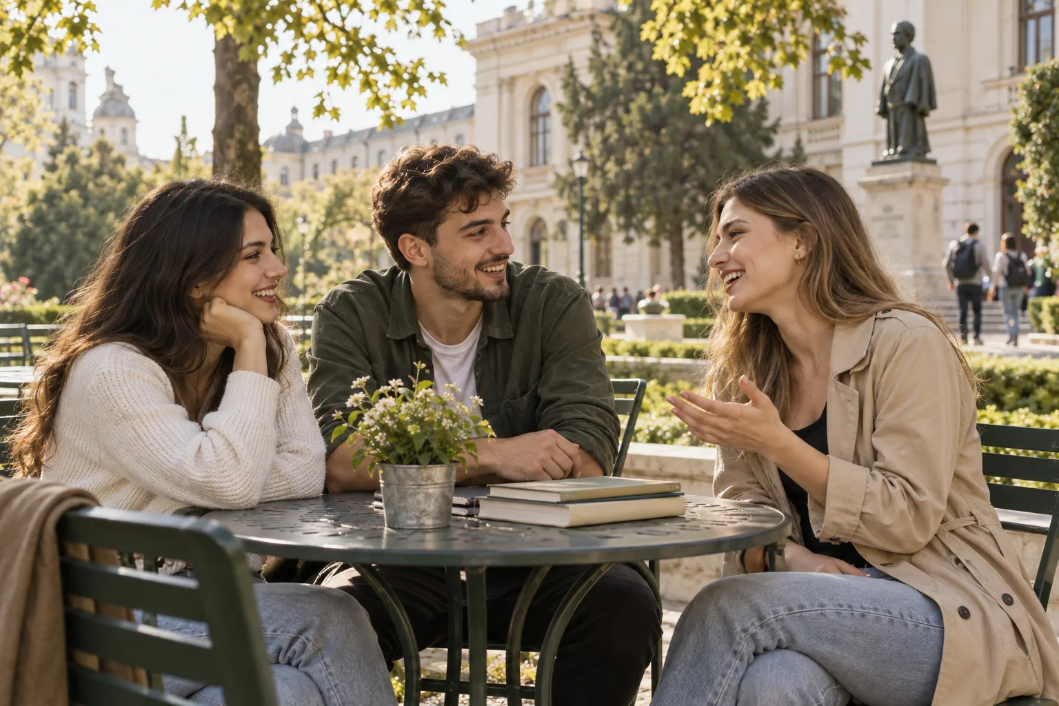 Three adult students talking in a leafy university courtyard in Iași.